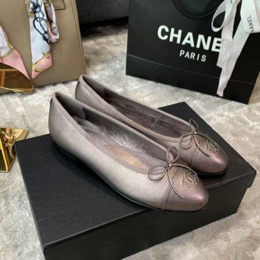 CHANEL Ballet Flat Grey Chocolate Grained Calfskin