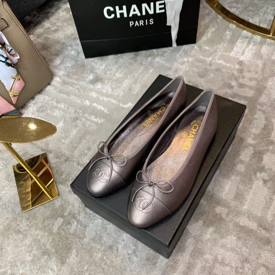 CHANEL Ballet Flat Grey Chocolate Grained Calfskin