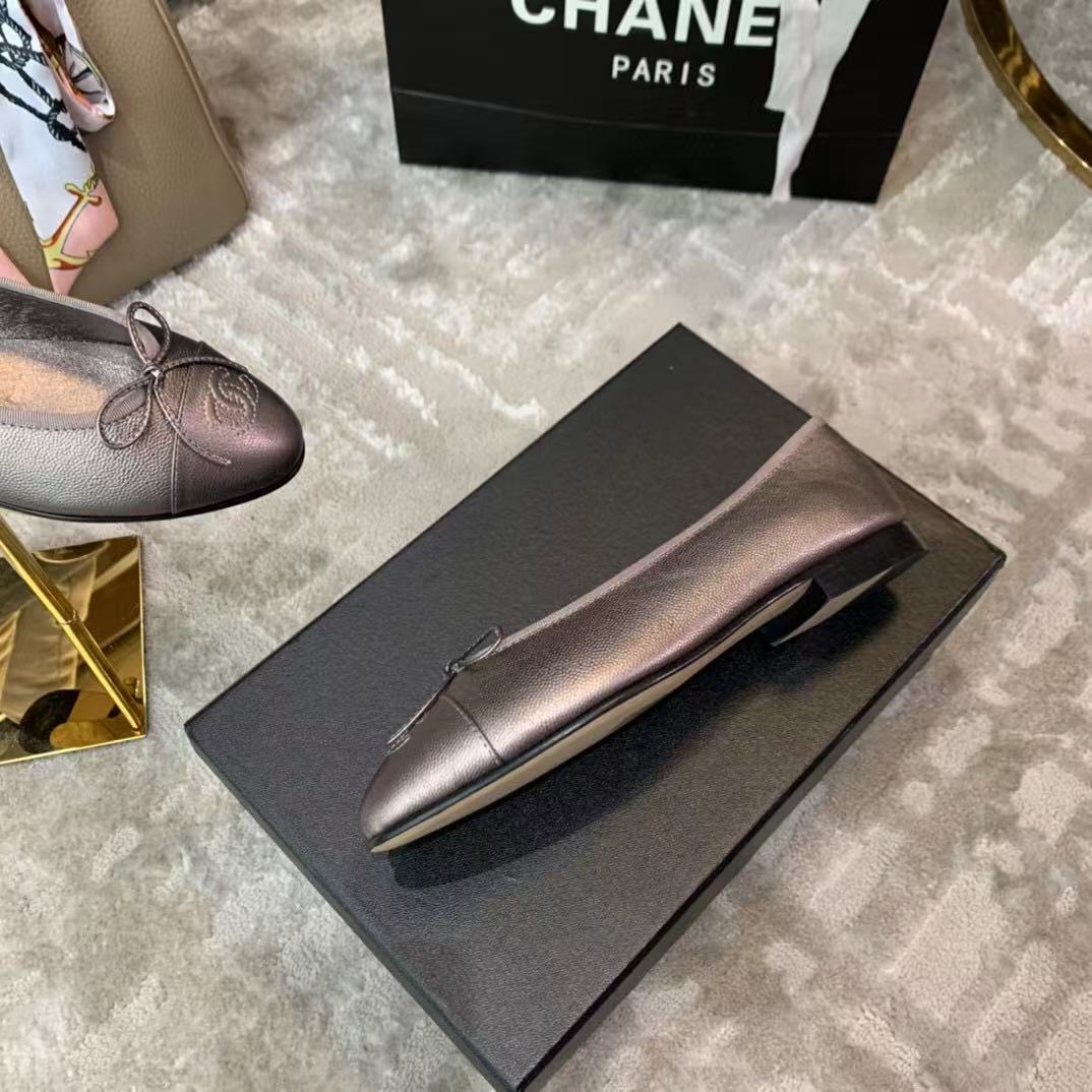 CHANEL Ballet Flat Grey Chocolate Grained Calfskin