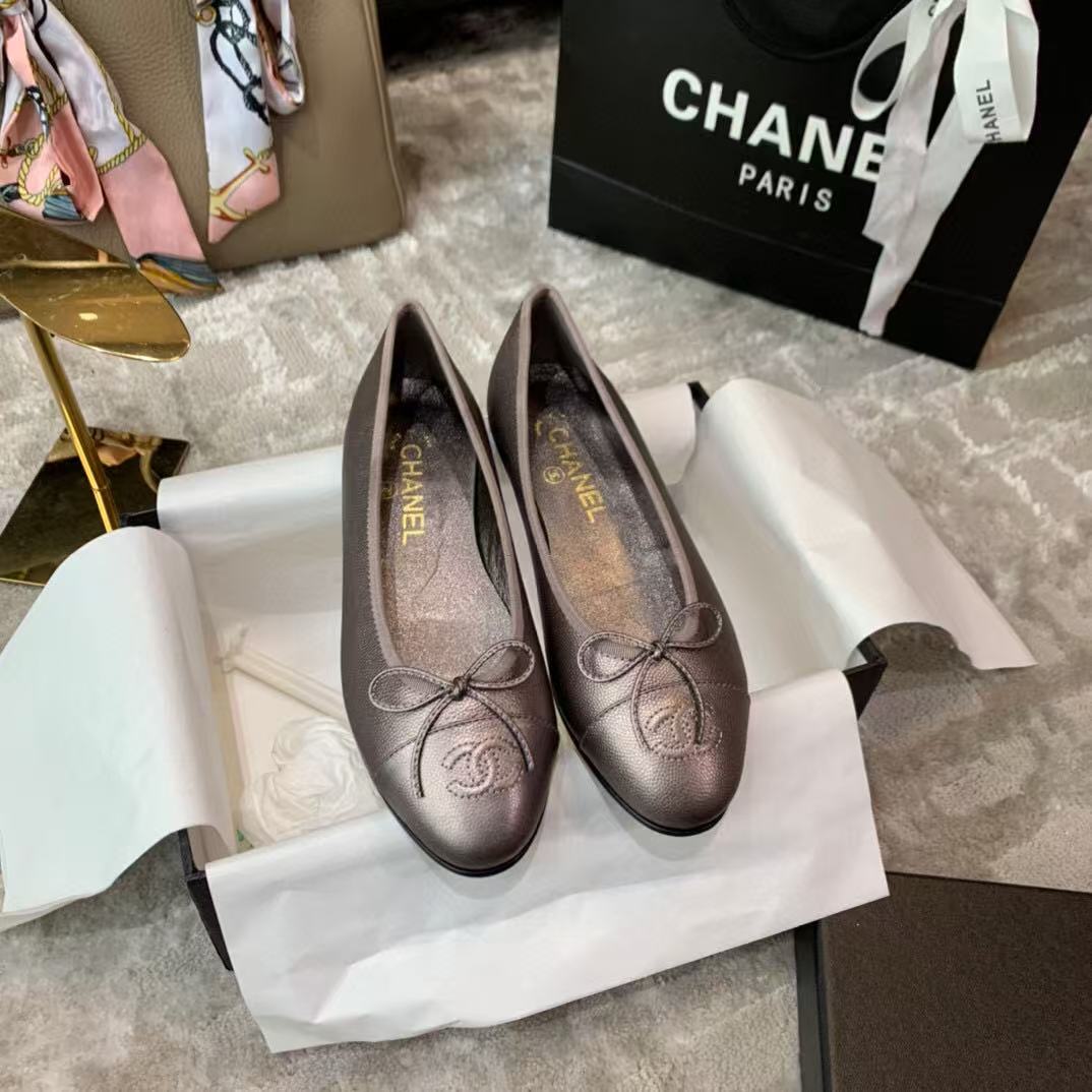 CHANEL Ballet Flat Grey Chocolate Grained Calfskin