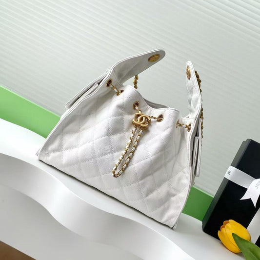 CHANEL 25C Hobo Bag 30cm White Grained Calfskin