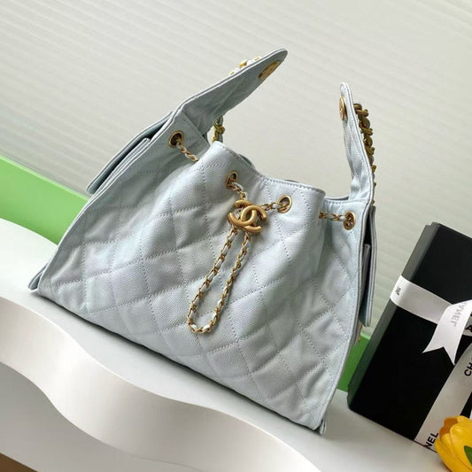 CHANEL 25C Hobo Bag 30cm Light Blue Grained Calfskin