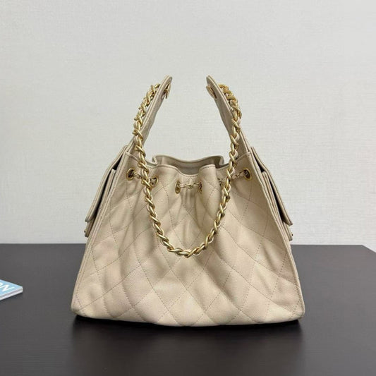 CHANEL 25C Hobo Bag 30cm Beige Grained Calfskin