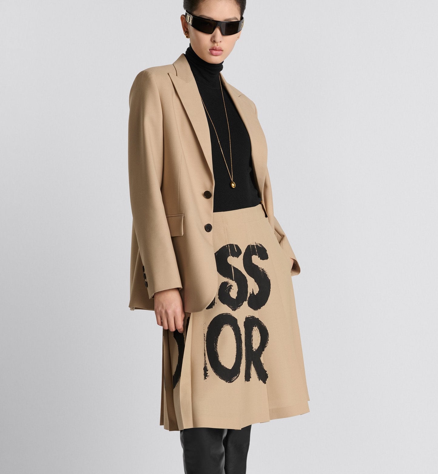 Wrap Skirt With Integrated Shorts Beige Virgin Wool And Mohair With Black Miss Dior Graffiti Motif