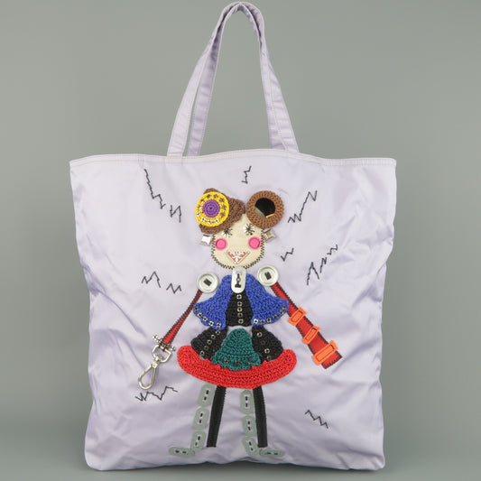 PRADA Lavender Nylon Robot 6 Lady Embellished Tote Handbag