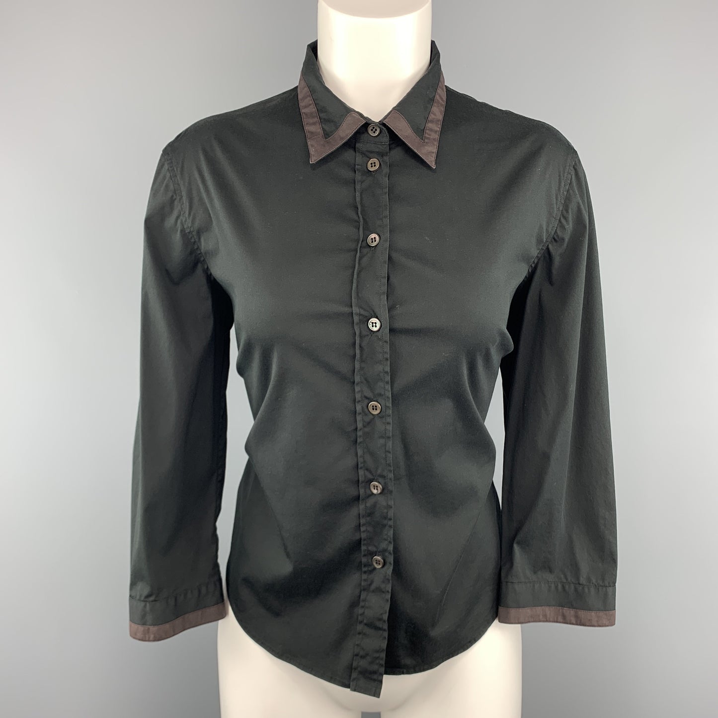 PRADA Size 10 Black Stretch Cotton Brown Trim Blouse