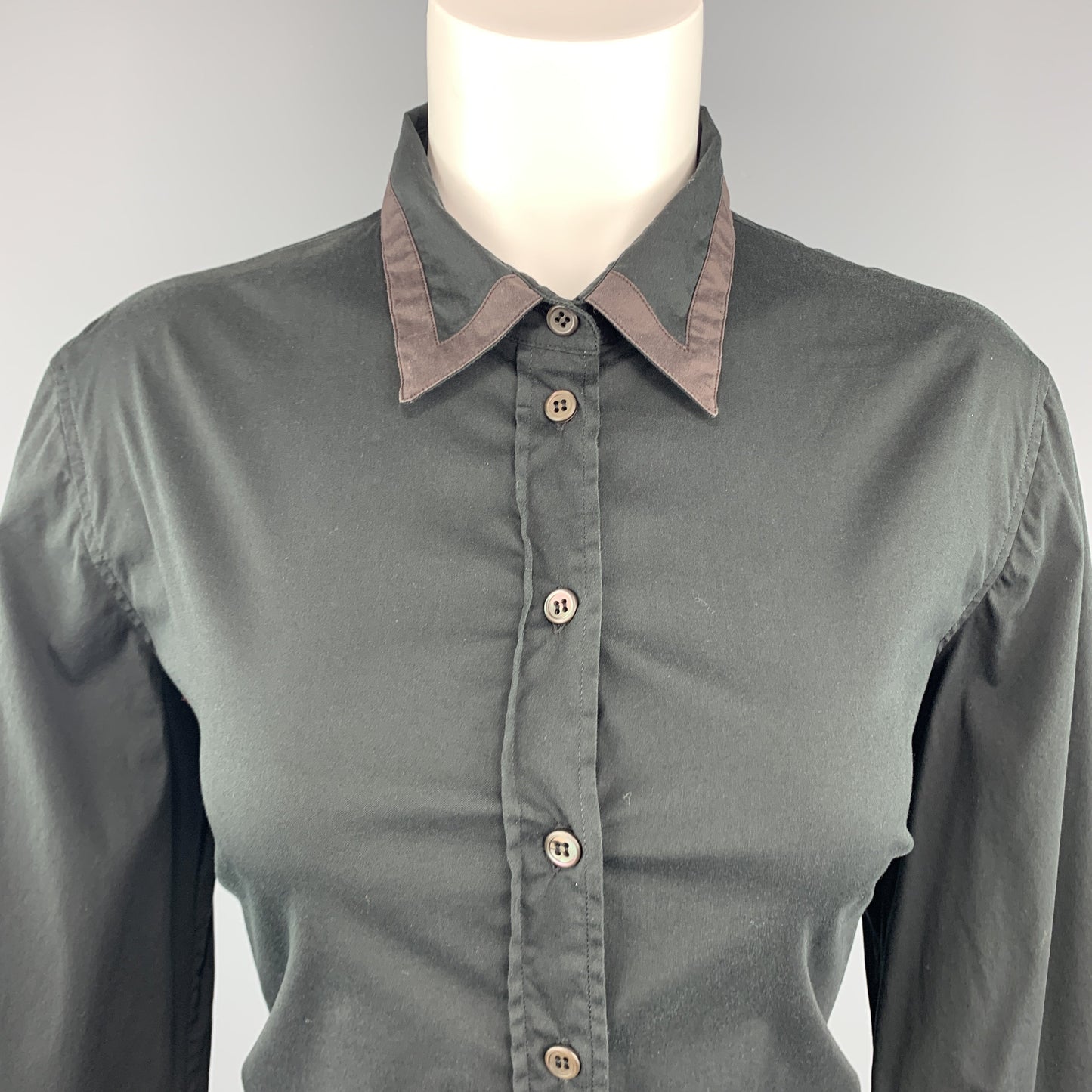 PRADA Size 10 Black Stretch Cotton Brown Trim Blouse