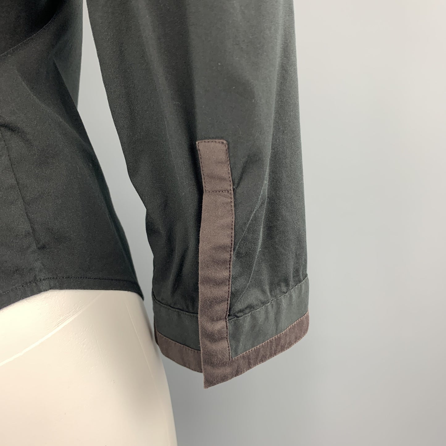 PRADA Size 10 Black Stretch Cotton Brown Trim Blouse