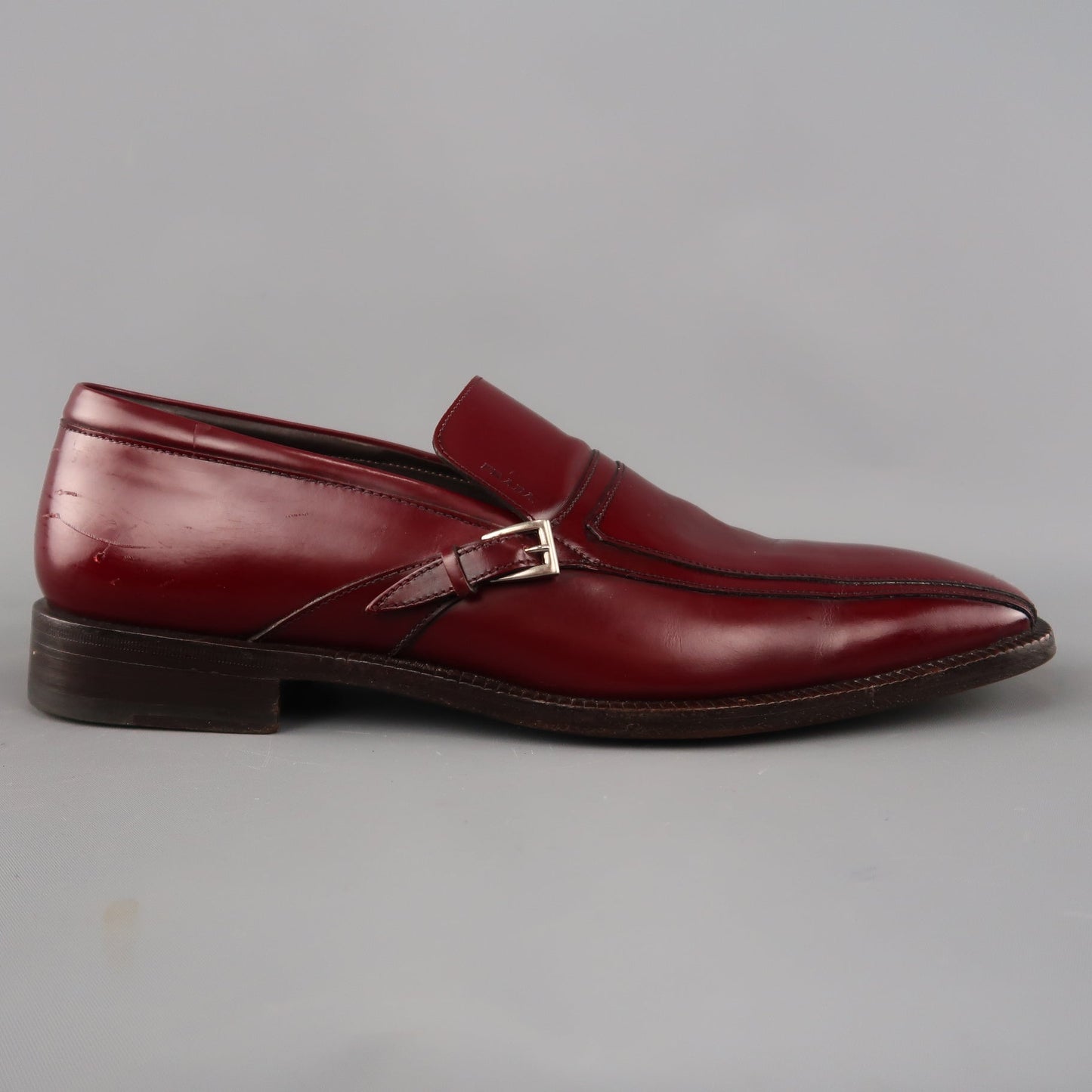 PRADA Size 11 Burgundy Solid Leather Square Toe Buckle Slip On Loafers
