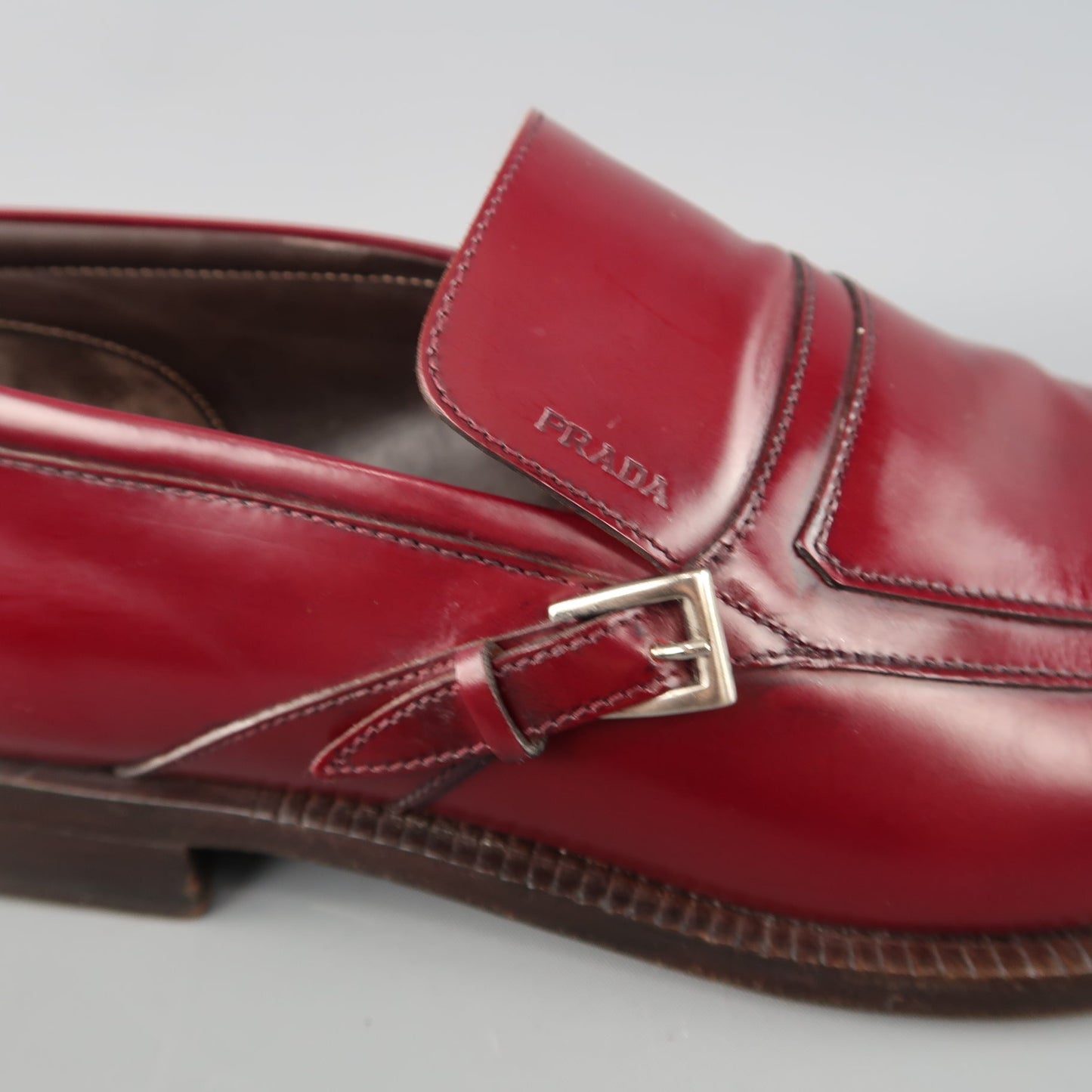 PRADA Size 11 Burgundy Solid Leather Square Toe Buckle Slip On Loafers