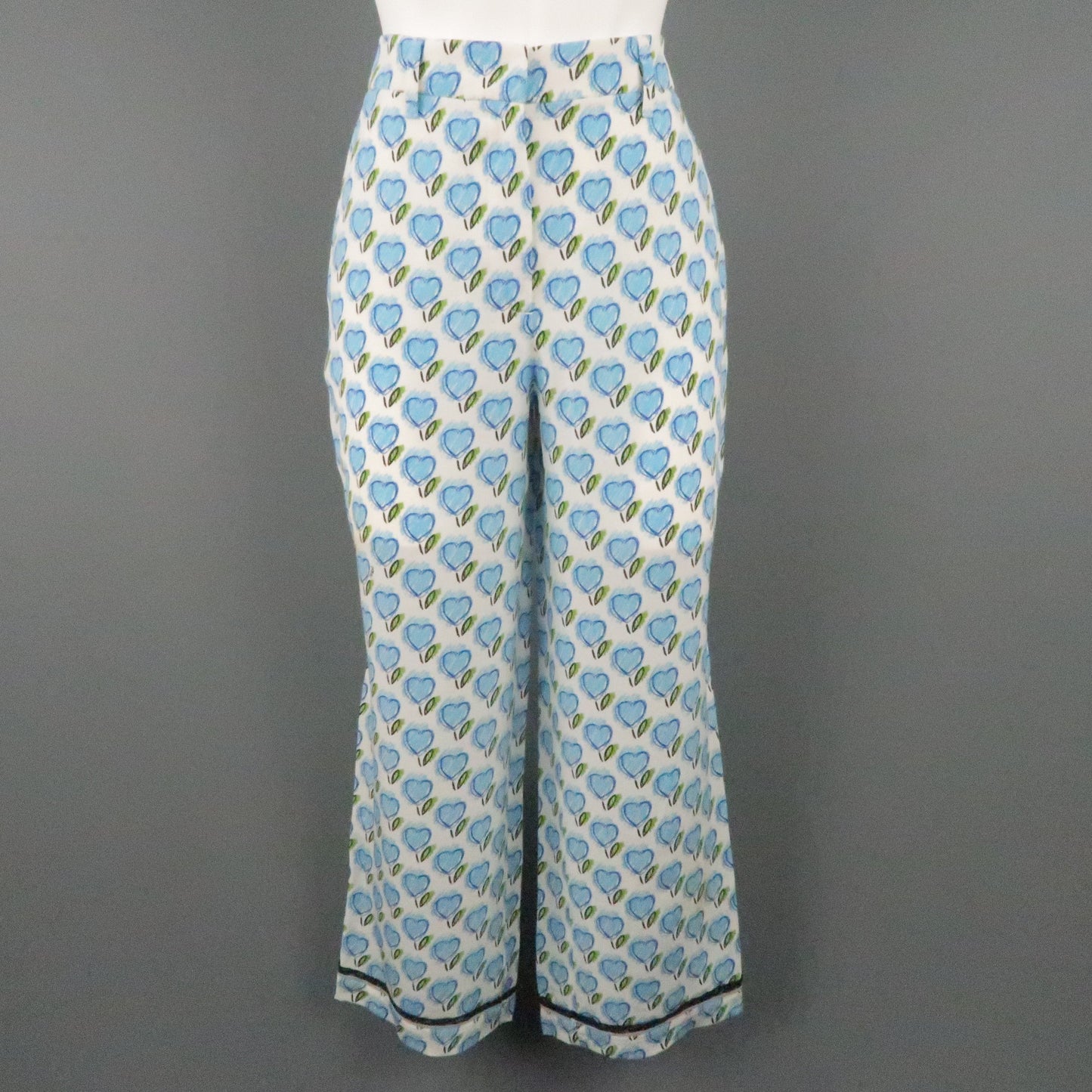 PRADA Size 2 White & Blue Silk Heart Print Casual Pants