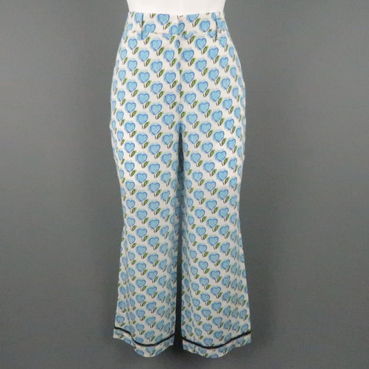 PRADA Size 2 White & Blue Silk Heart Print Casual Pants