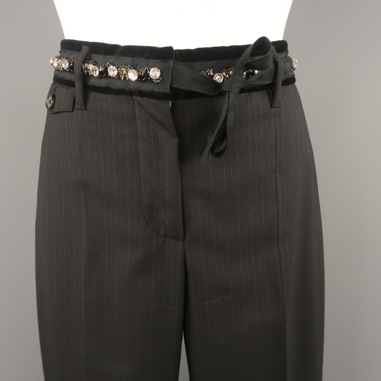 PRADA Size 4 Black Striped Virgin Wool  Rhinestone Waistband Dress Pants