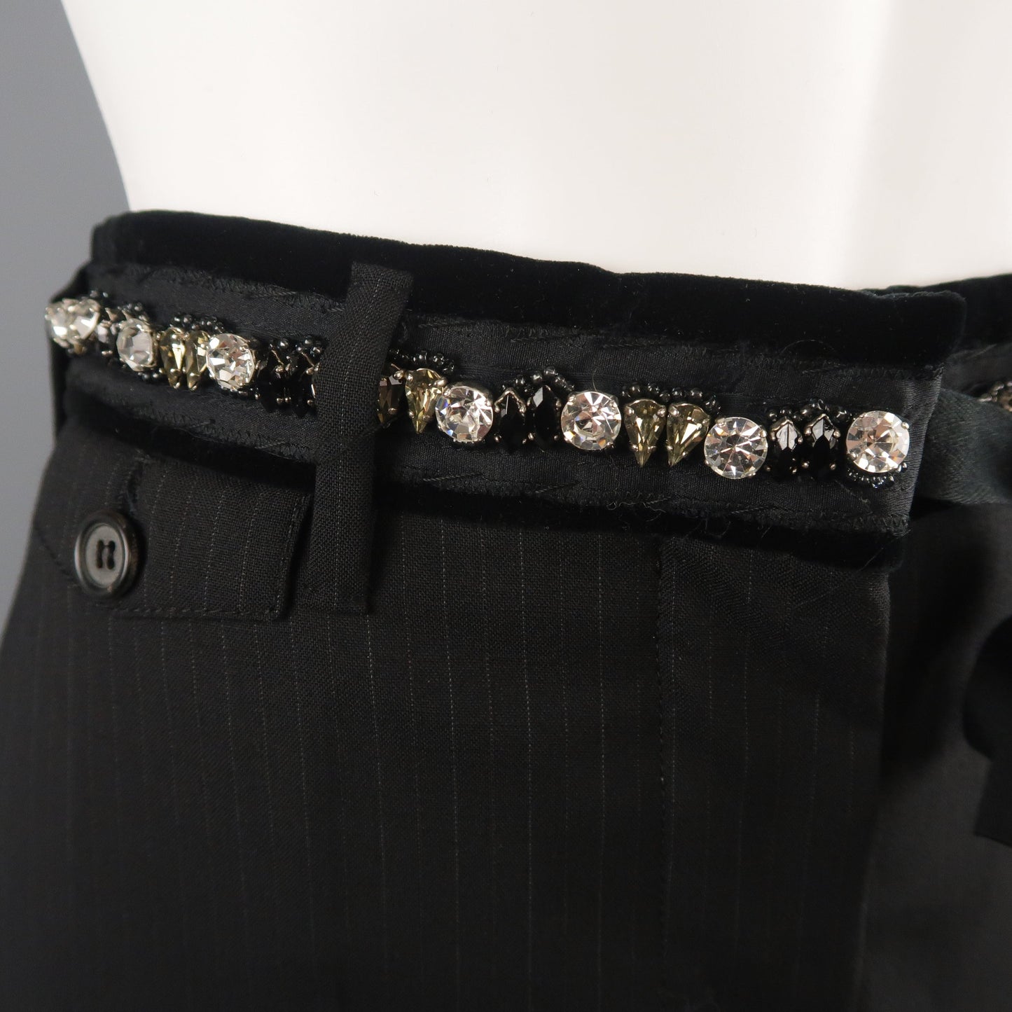 PRADA Size 4 Black Striped Virgin Wool  Rhinestone Waistband Dress Pants