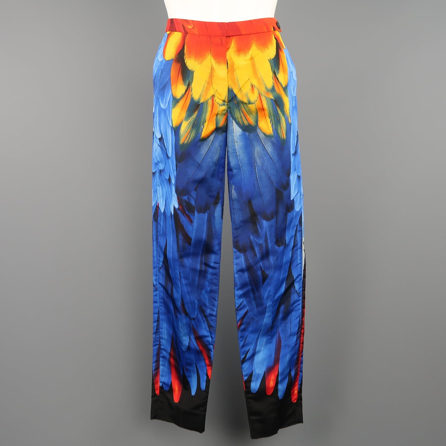 PRADA Size 4 Blue Red & Yellow Parrot Feather Print Silk Faille Dress Pants