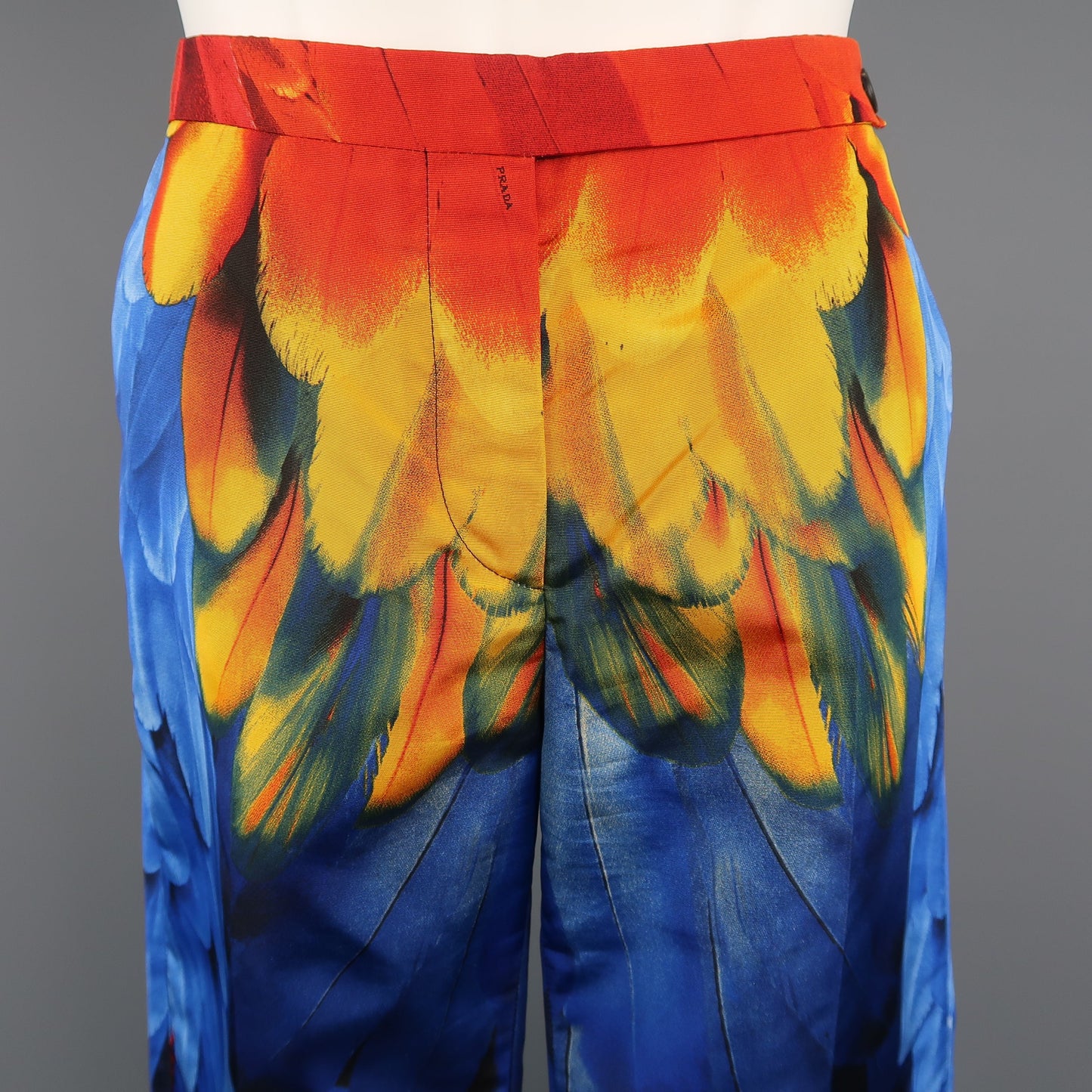 PRADA Size 4 Blue Red & Yellow Parrot Feather Print Silk Faille Dress Pants
