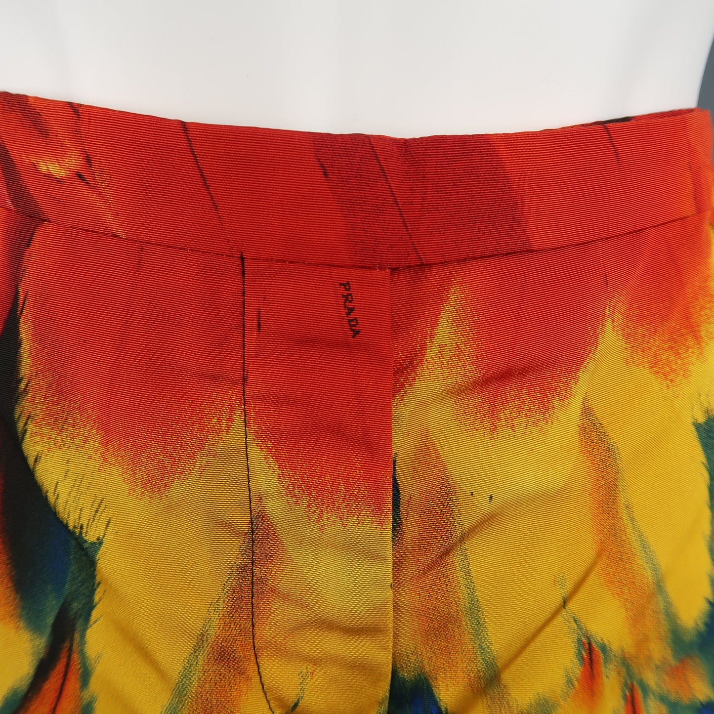 PRADA Size 4 Blue Red & Yellow Parrot Feather Print Silk Faille Dress Pants
