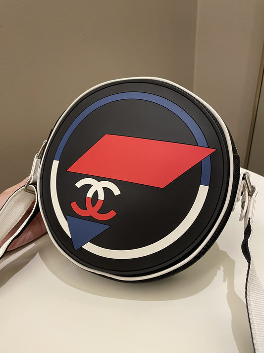Chanel Airlines Round Crossbody Bag Black, Blue, Red, White Canvas and Rubber