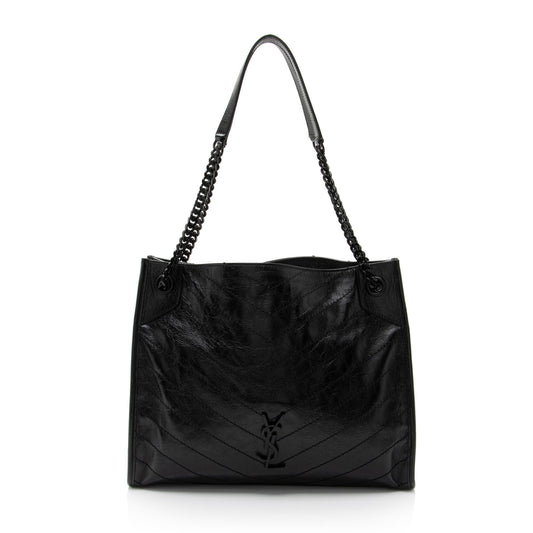 Saint Laurent Crinkled Calfskin Monogram Niki Medium Shopping Tote (SHF-RaBy7S)