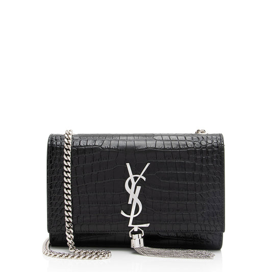 Saint Laurent Croc Embossed Leather Monogram Kate Tassel Small Shoulder Bag (SHF-BWswR2)