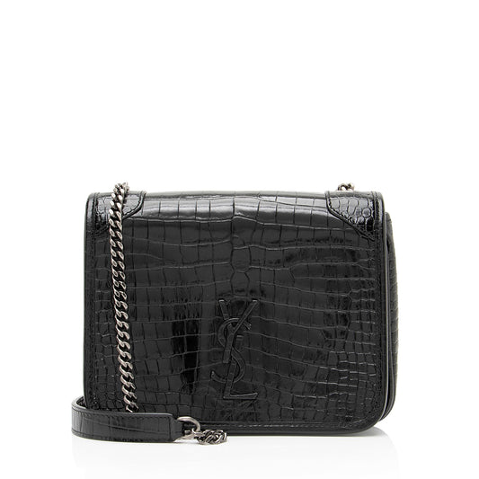 Saint Laurent Croc Embossed Leather Monogram Niki Chain Wallet (SHF-23549)