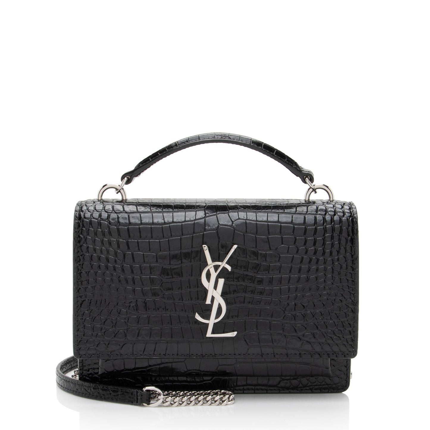 Saint Laurent Croc Embossed Leather Monogram Sunset Chain Wallet