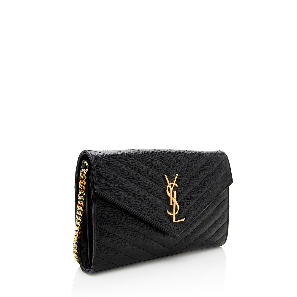 Saint Laurent Matelasse Grain de Poudre Monogram Chain Wallet (SHF-18470)