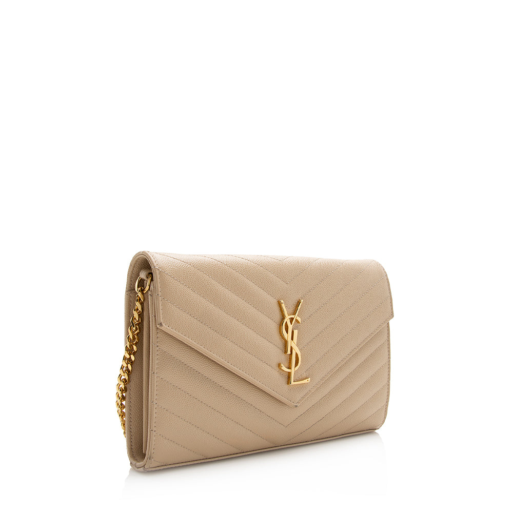 Saint Laurent Matelasse Grain de Poudre Monogram Chain Wallet (SHF-21552)