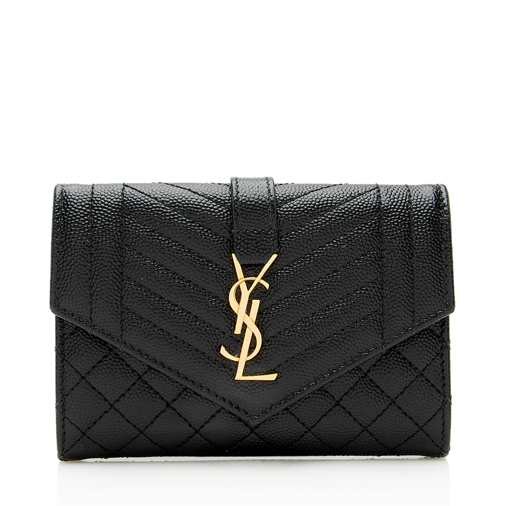 Saint Laurent Matelasse Grain de Poudre Monogram Compact Trifold Wallet (SHF-21741)