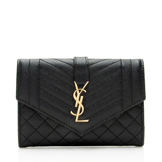 Saint Laurent Matelasse Grain de Poudre Monogram Compact Trifold Wallet (SHF-21741)