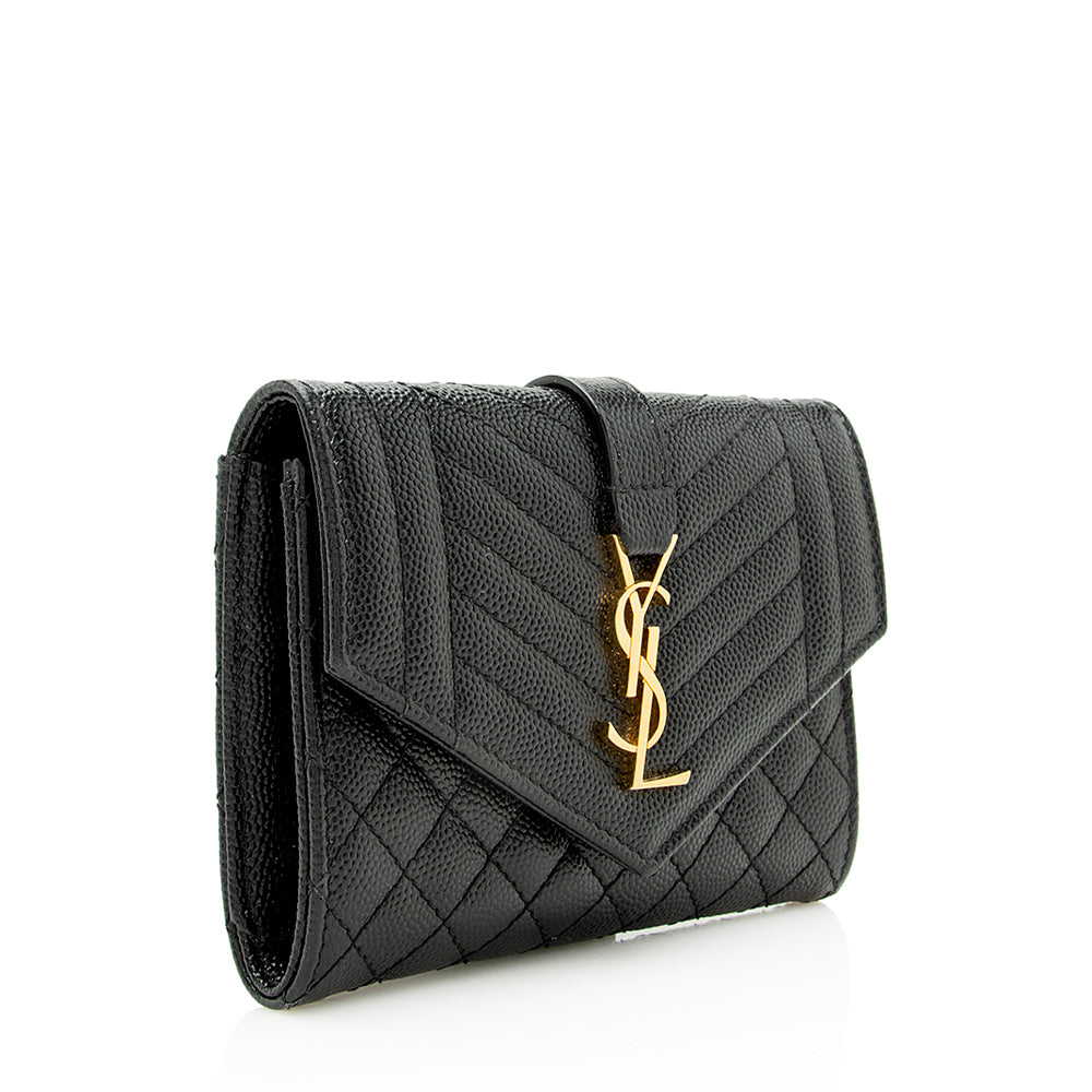 Saint Laurent Matelasse Grain de Poudre Monogram Compact Trifold Wallet (SHF-21741)