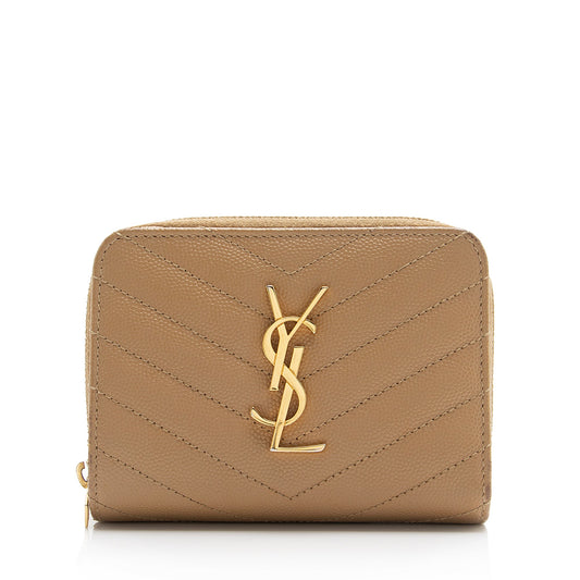 Saint Laurent Matelasse Grain de Poudre Monogram Compact Zip Around Wallet (SHF-23548)