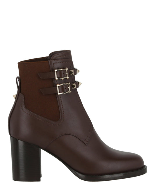 Valentino Womens Rockstud Calfskin Buckle-Strap Ankle Boots Dark Brown