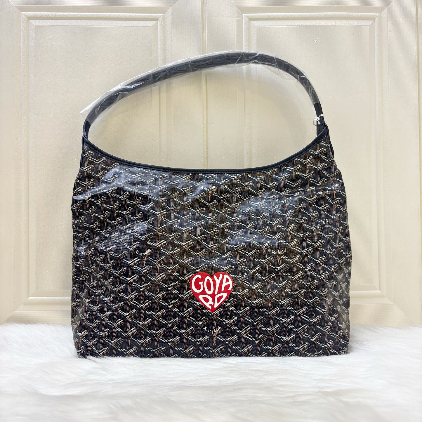 Goyard Boheme PM Hobo Bag in Black Signature Goyardine Canvas with a Red Heart Stamp
