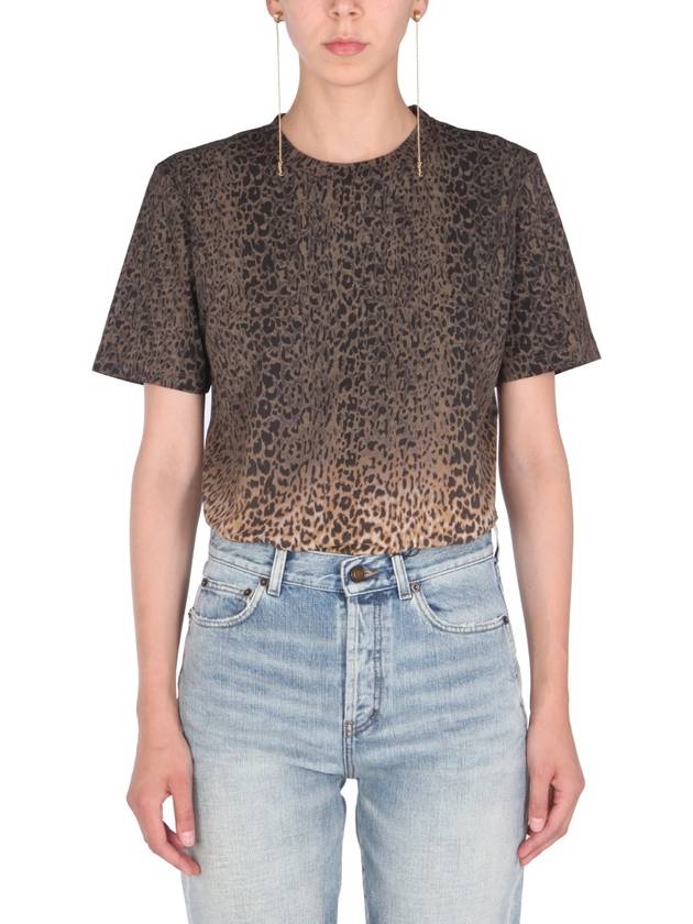 Saint Laurent Women's Leopard Tie Dye Short Sleeve T-Shirt Brown