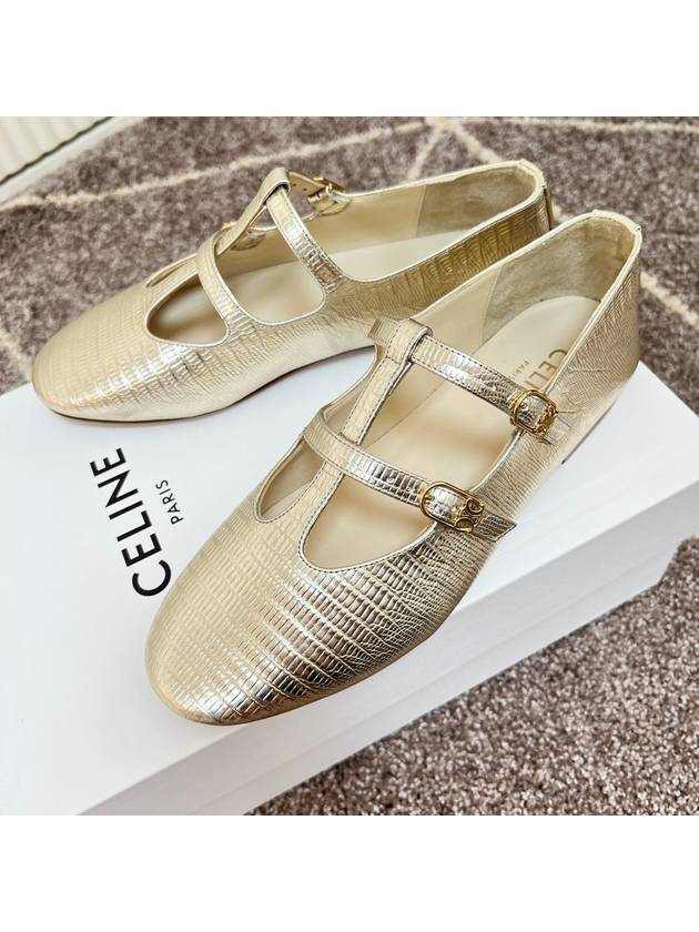 CELINE Les Double Strap Lizard Stamping Metallic Calfskin Ballerinas Silver