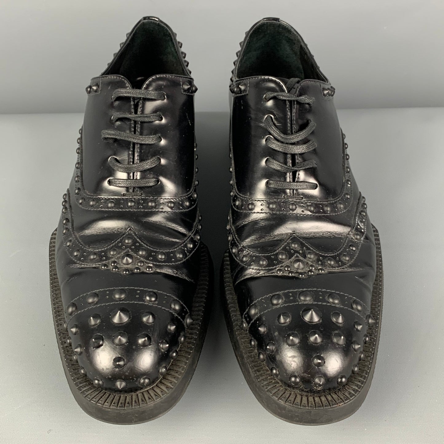 PRADA Size 9 Black Leather Studded Cap Toe Shoes