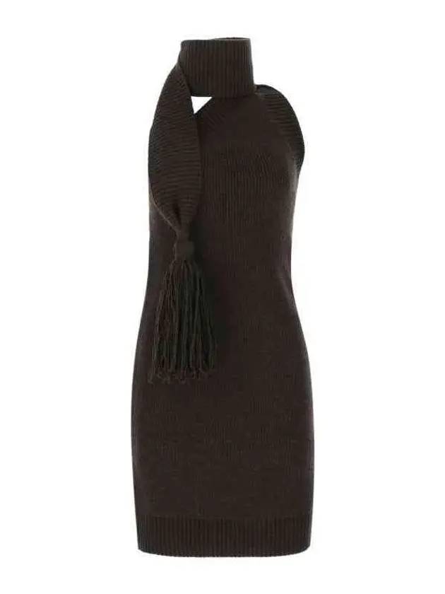 Bottega Veneta Tassel Fringe Halterneck Wool Midi Dress Brown