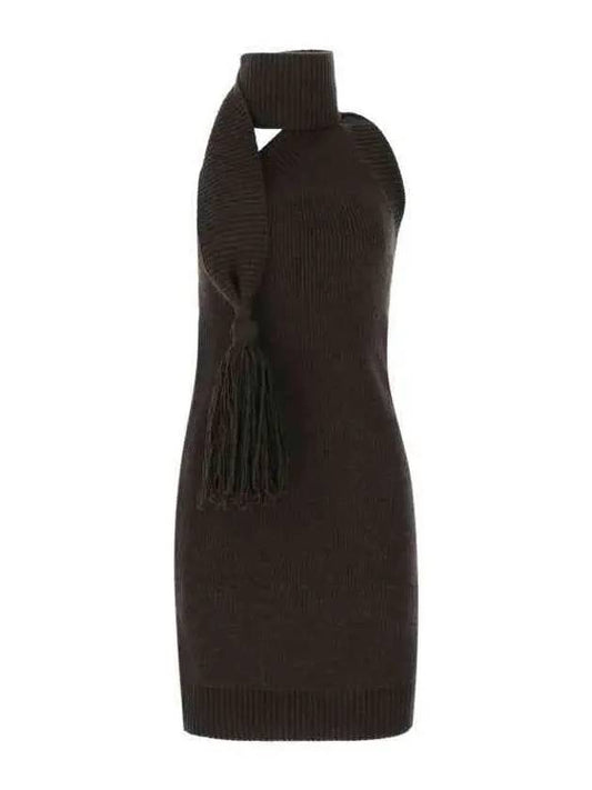 Bottega Veneta Tassel Fringe Halterneck Wool Midi Dress Brown