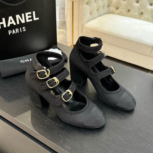 CHANEL 25S Mary Jane 70mm Triple Strap Fabric Grosgrain