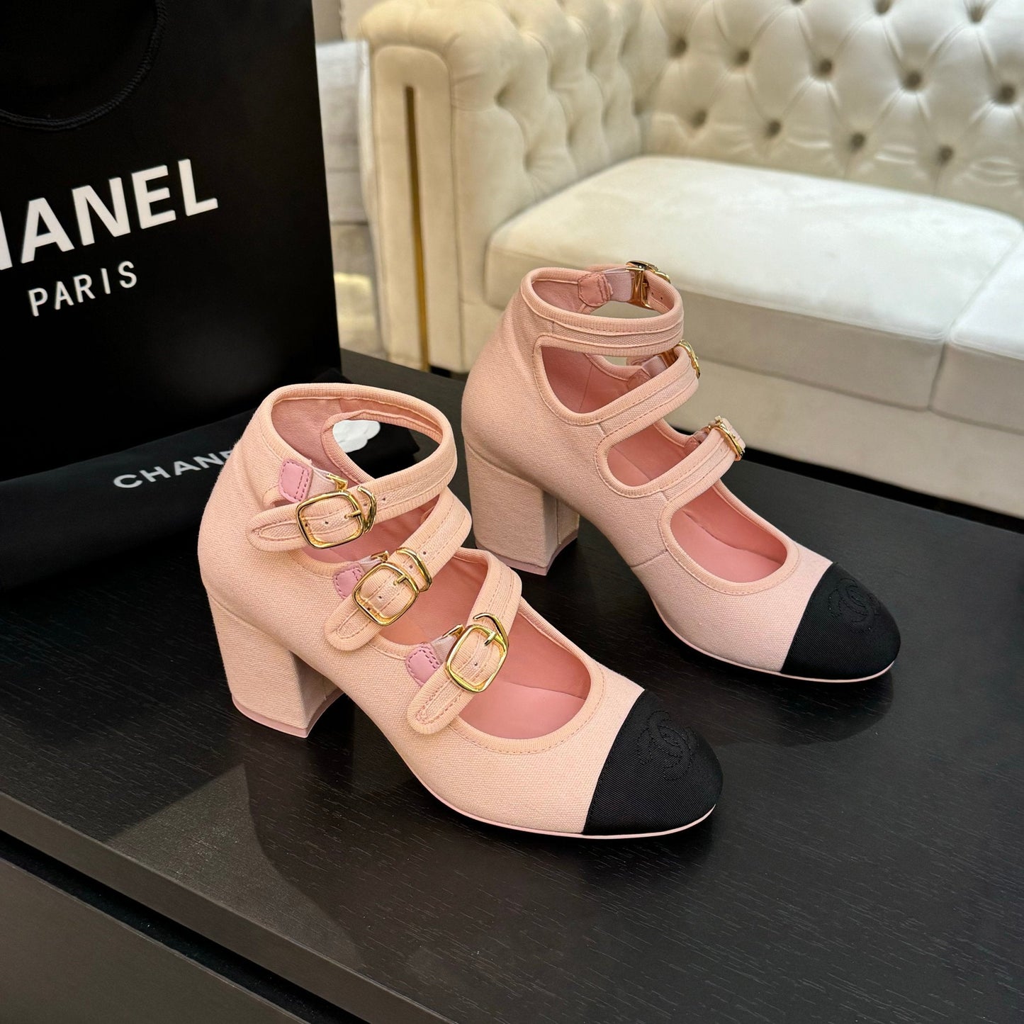 CHANEL 25S Mary Jane 70mm Triple Strap Fabric Grosgrain