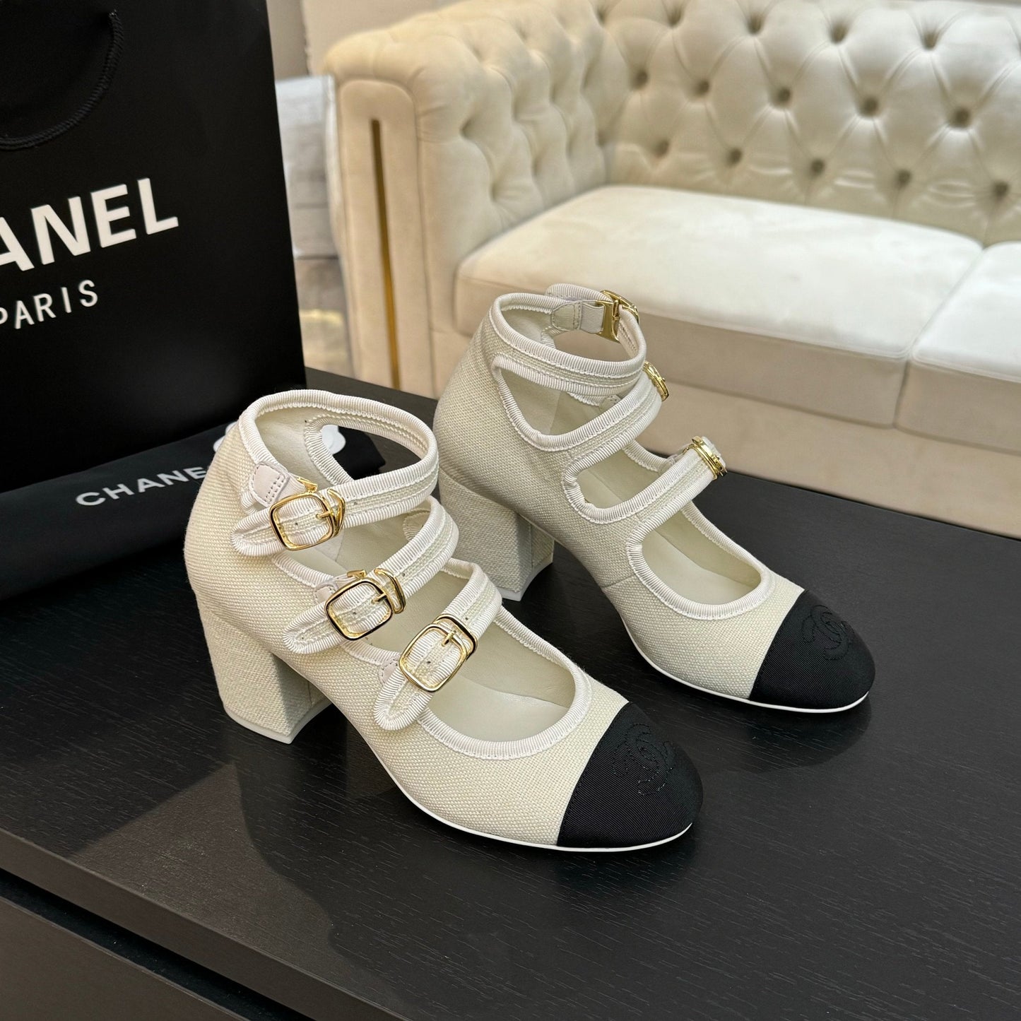 CHANEL 25S Mary Jane 70mm Triple Strap Fabric Grosgrain