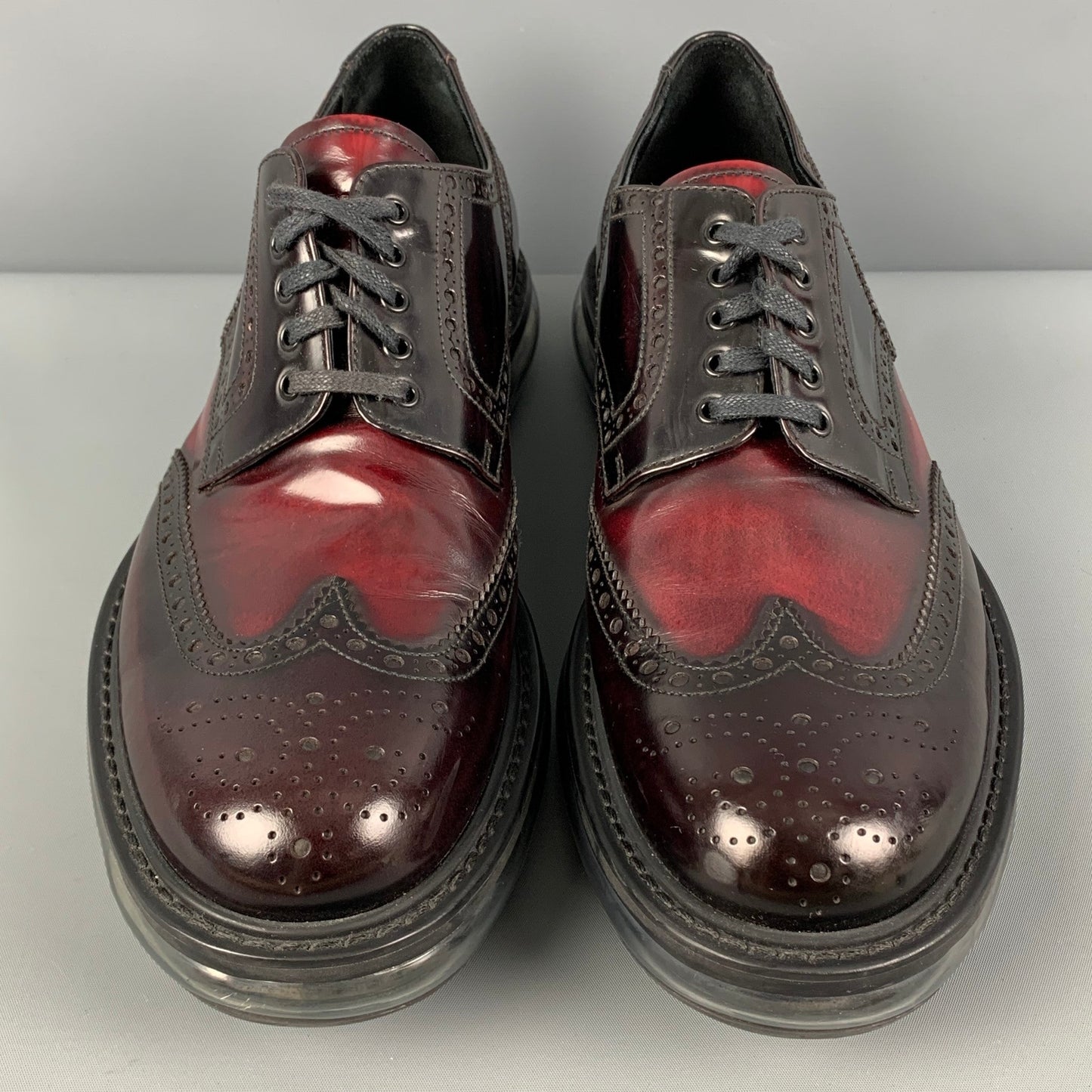 PRADA Size 10.5 Burgundy Perforated Leather Platform Lace Up Shoes