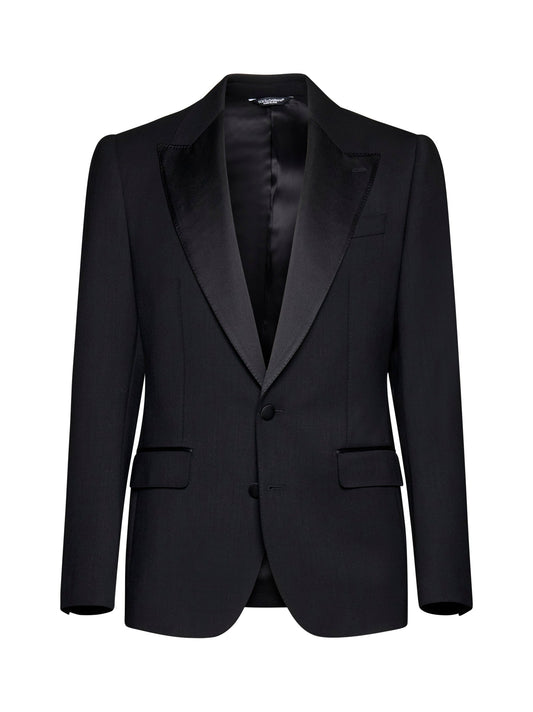 Dolce & Gabbana Men Black Stretch Wool Sicilia Tuxedo Blazer