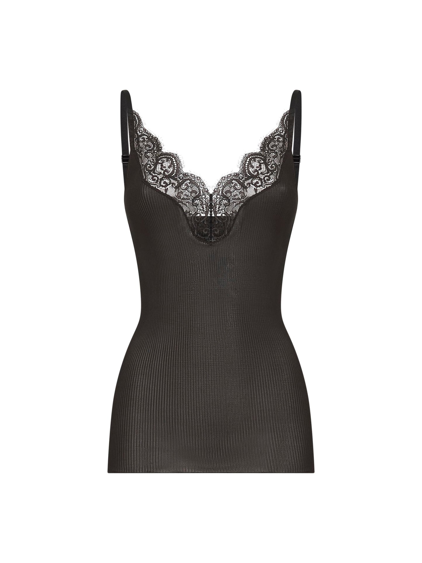 Saint Laurent Women Black Ribbed Silk Jersey Laced Tank Top
