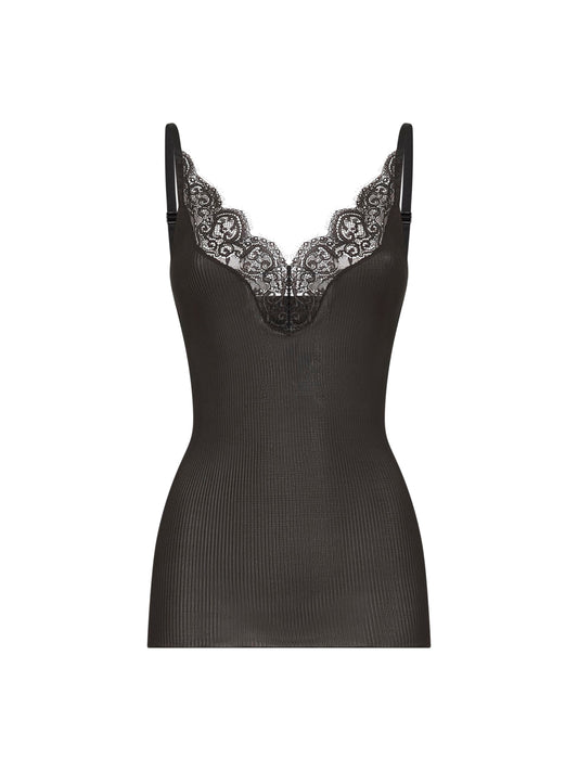Saint Laurent Women Black Ribbed Silk Jersey Laced Tank Top