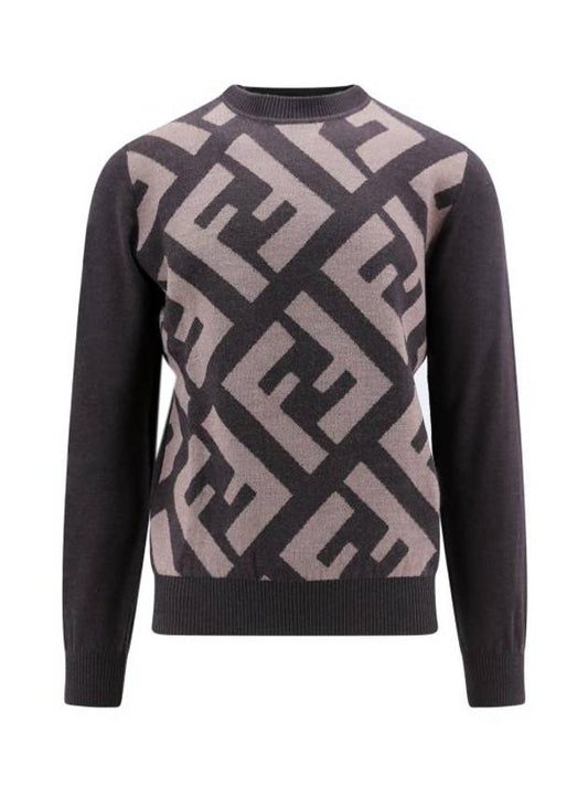 Fendi Monogram Jacquard Wool Crewneck Knit Top Brown