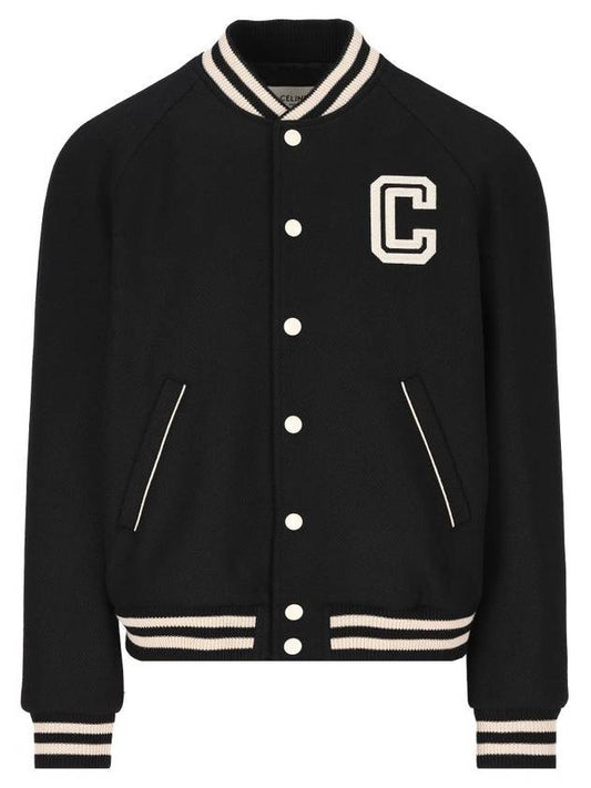 CELINE Teddy Embroidered Logo Textured Wool Bomber Jacket Black