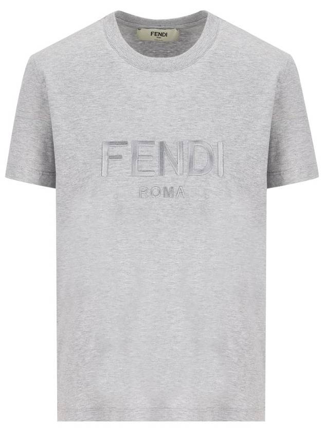Fendi Lettering Embroidered Short Sleeve Cotton T-Shirt Grey