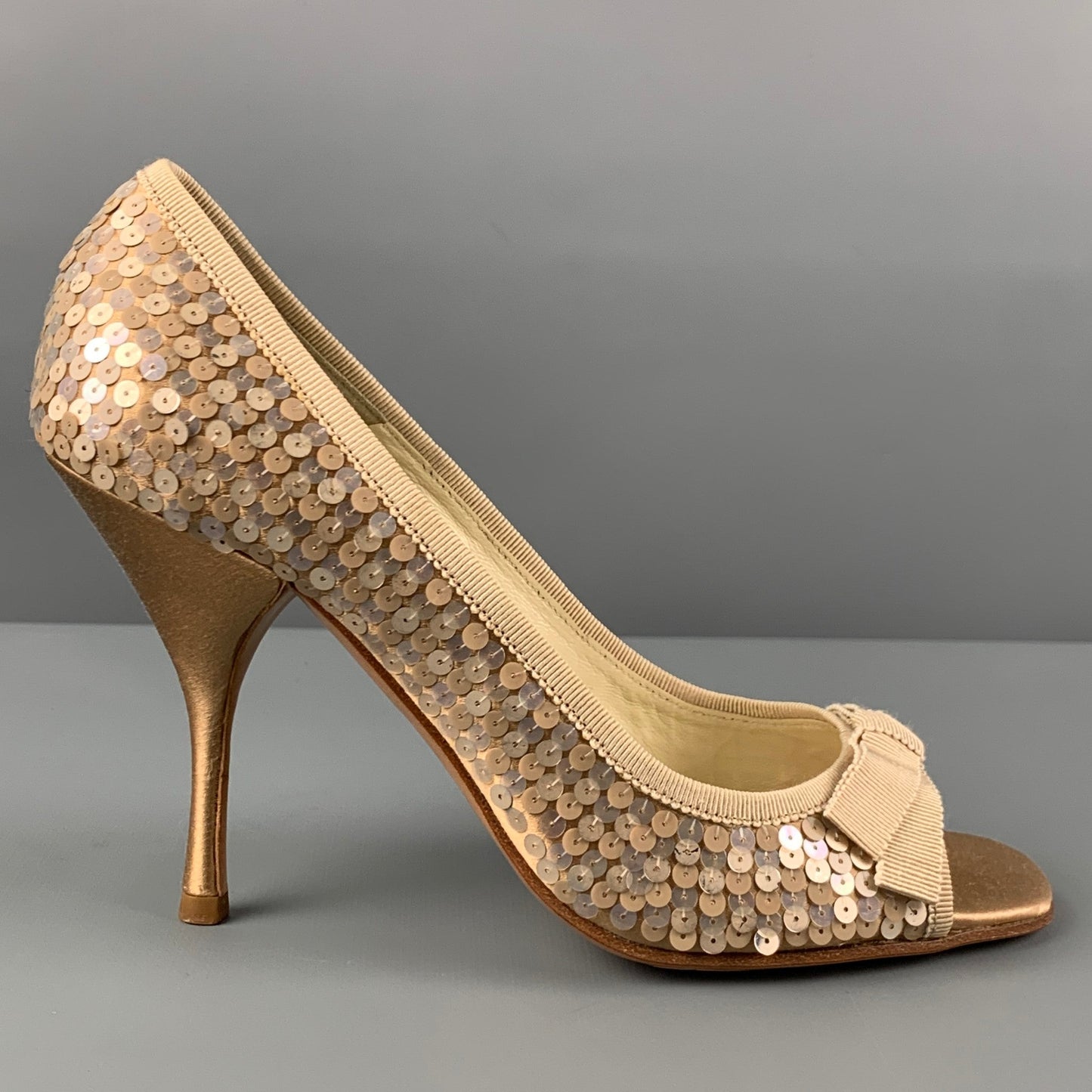 PRADA Size 6.5 Taupe Silk Sequined Peep Toe Pumps